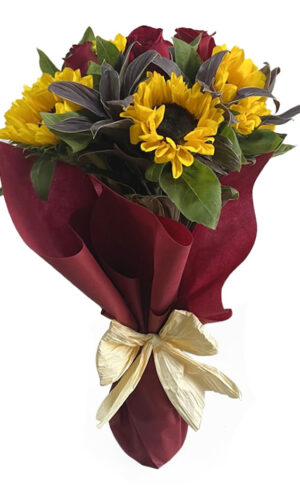 RAMO DE ROSAS Y GIRASOLES EN TELA